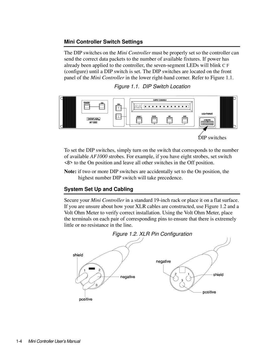 High End Systems AF1000 user manual Mini Controller Switch Settings, System Set Up and Cabling 