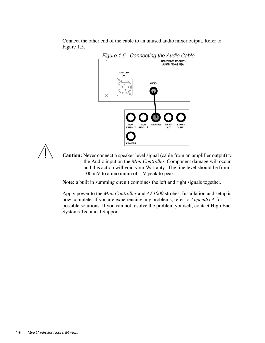 High End Systems AF1000 user manual Connecting the Audio Cable 