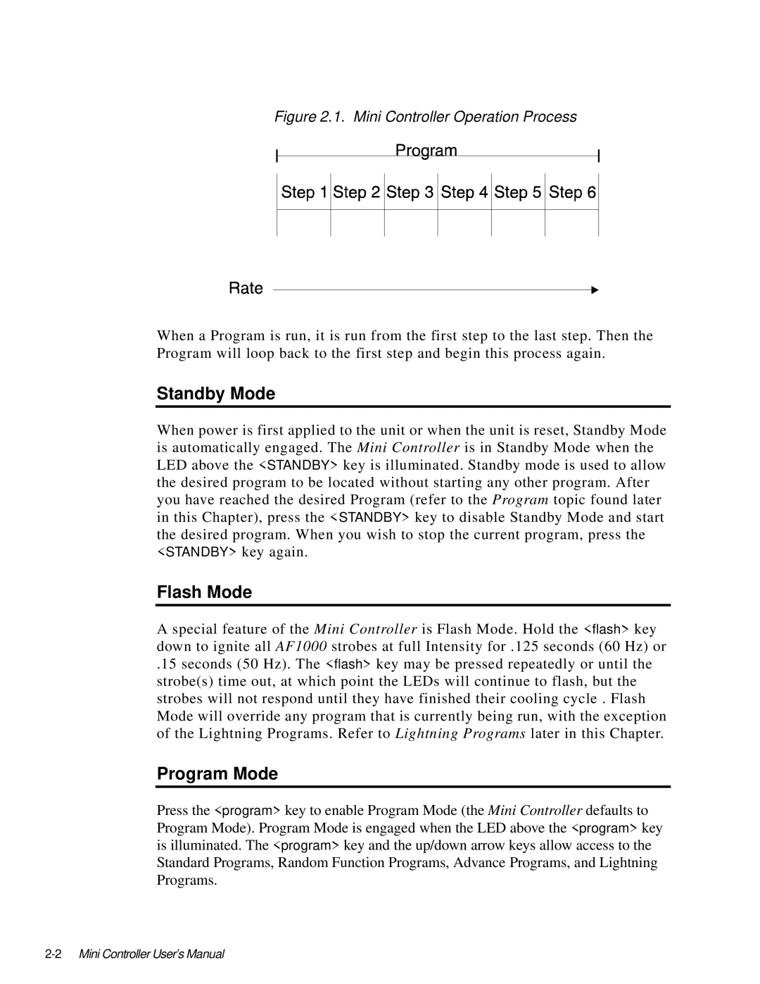 High End Systems AF1000 user manual Standby Mode, Flash Mode, Program Mode 