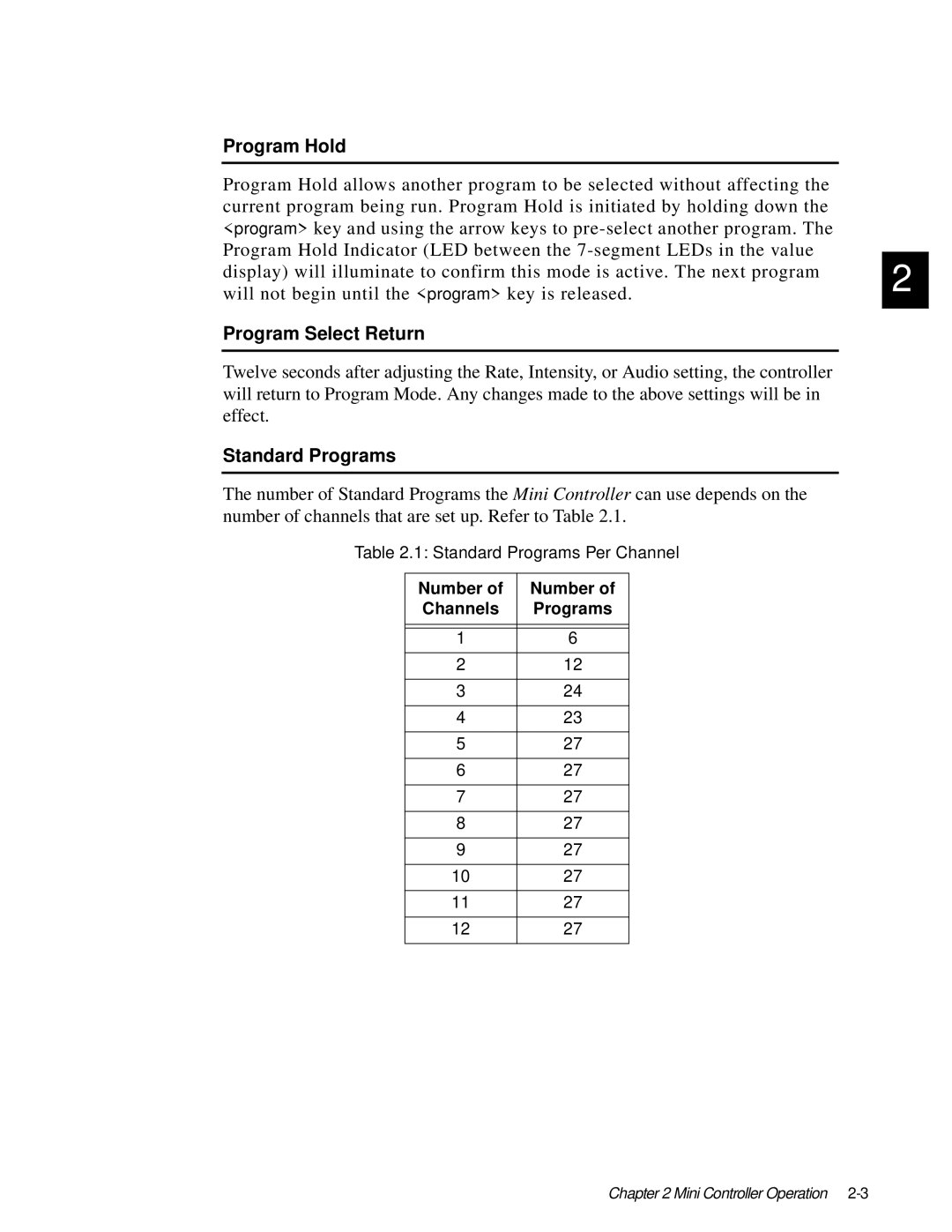 High End Systems AF1000 user manual Program Hold, Program Select Return, Standard Programs 