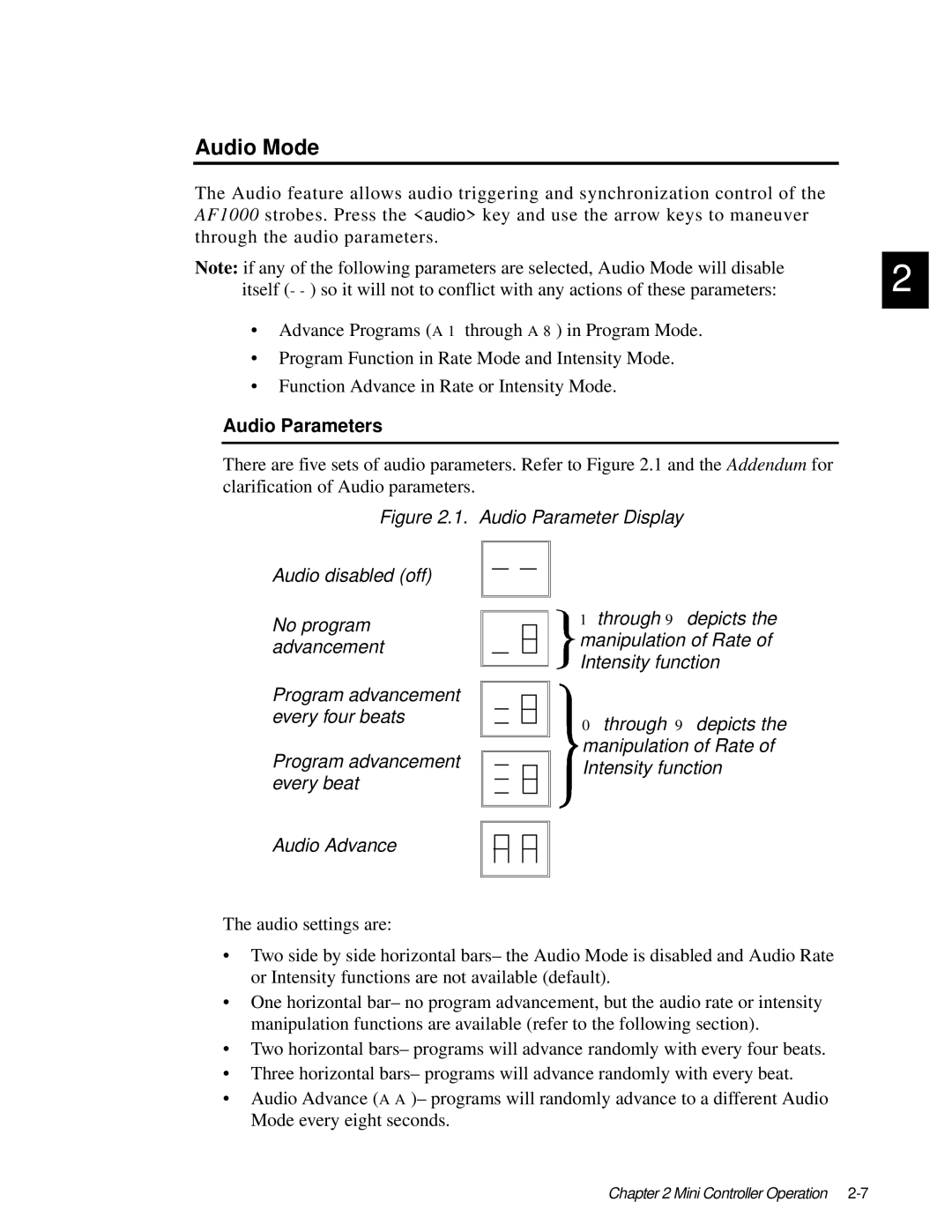 High End Systems AF1000 user manual Audio Mode, Audio Parameters 