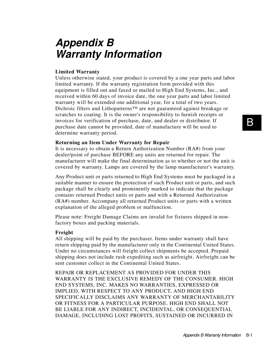 High End Systems AF1000 user manual Appendix B Warranty Information, Limited Warranty 