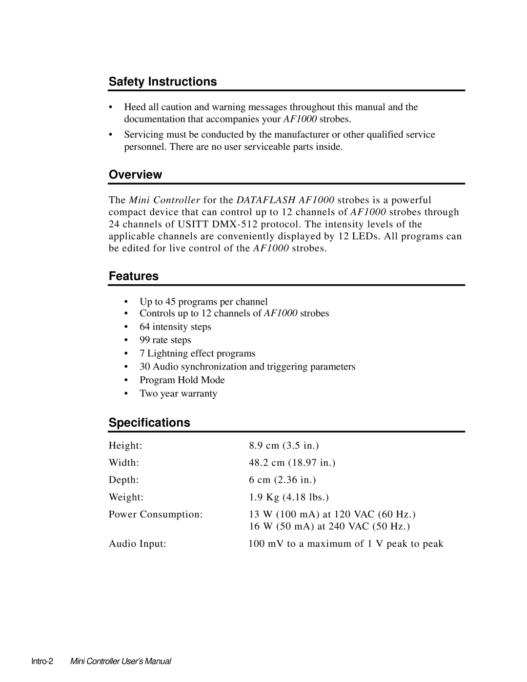 High End Systems AF1000 user manual Safety Instructions, Overview, Features, Specifications 