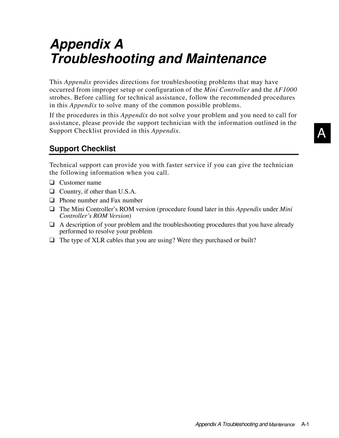 High End Systems AF1000 user manual Appendix A Troubleshooting and Maintenance, Support Checklist 