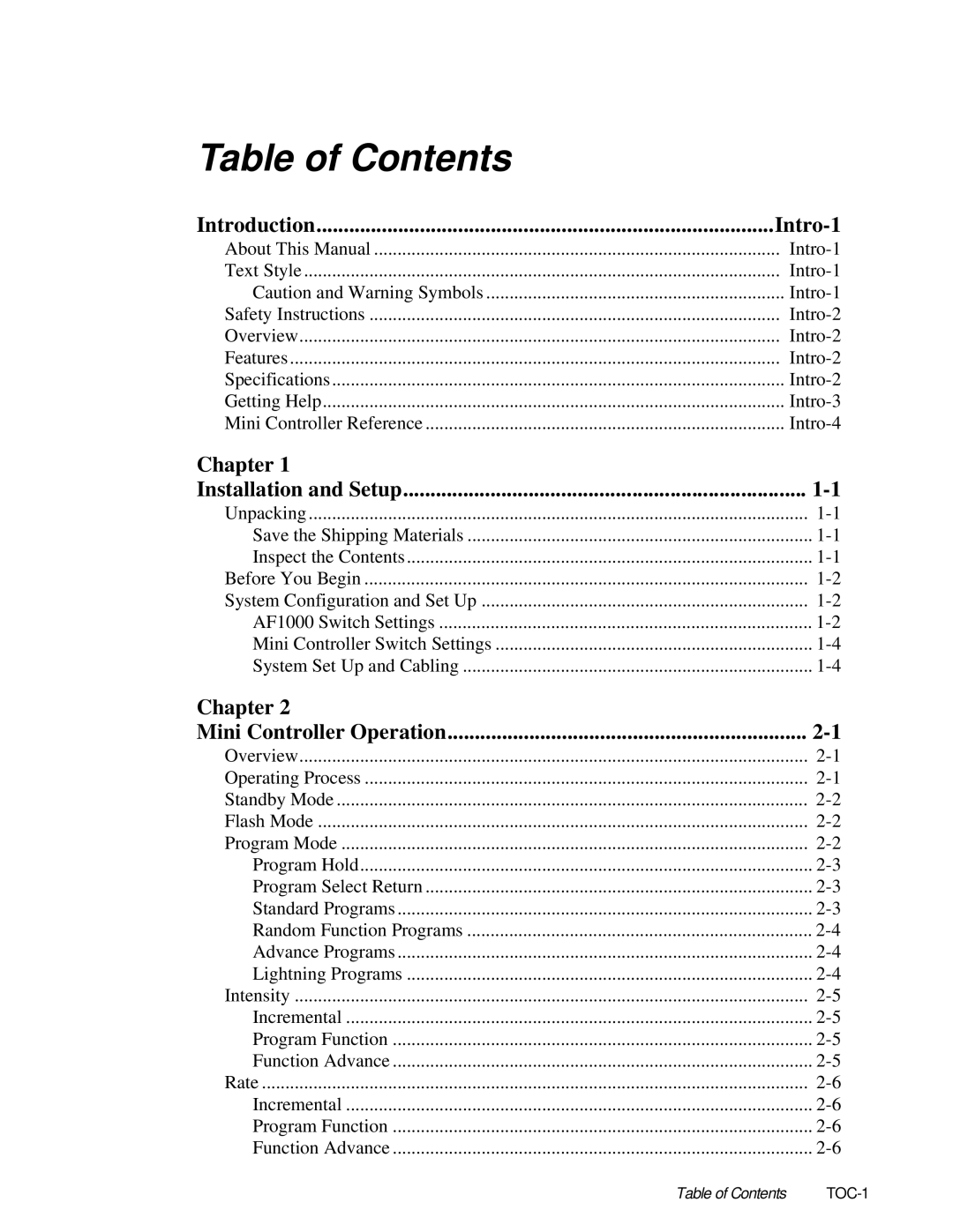 High End Systems AF1000 user manual Table of Contents, Intro-1, Chapter, Introduction, Installation and Setup 