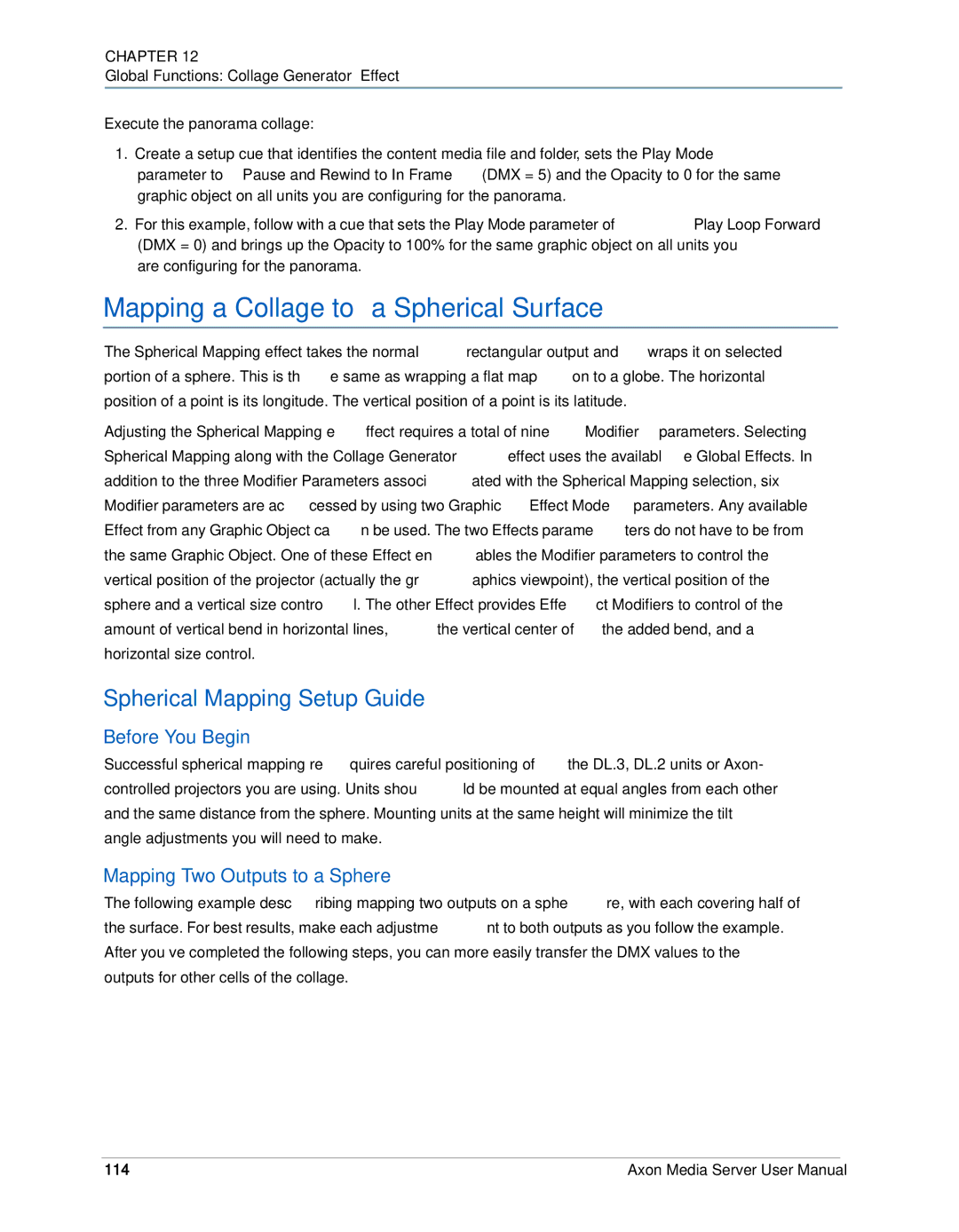 High End Systems AXON Mapping a Collage to a Spherical Surface, Spherical Mapping Setup Guide, Before You Begin, 114 