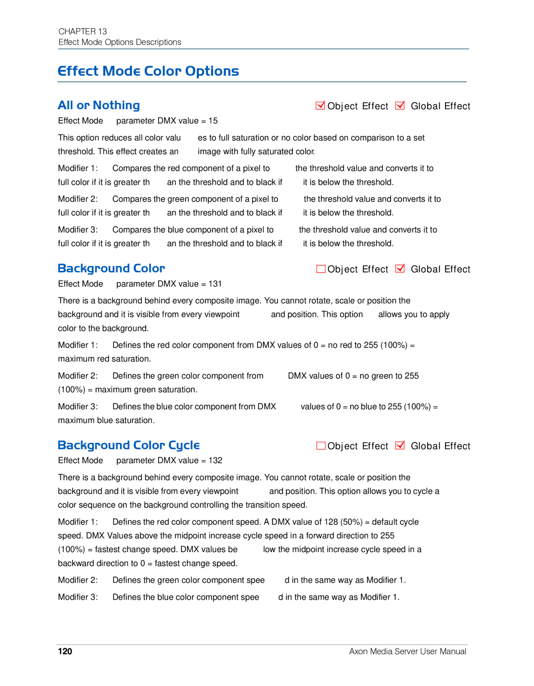 High End Systems AXON user manual Effect Mode Color Options, All or Nothing, Background Color Cycle, 120 