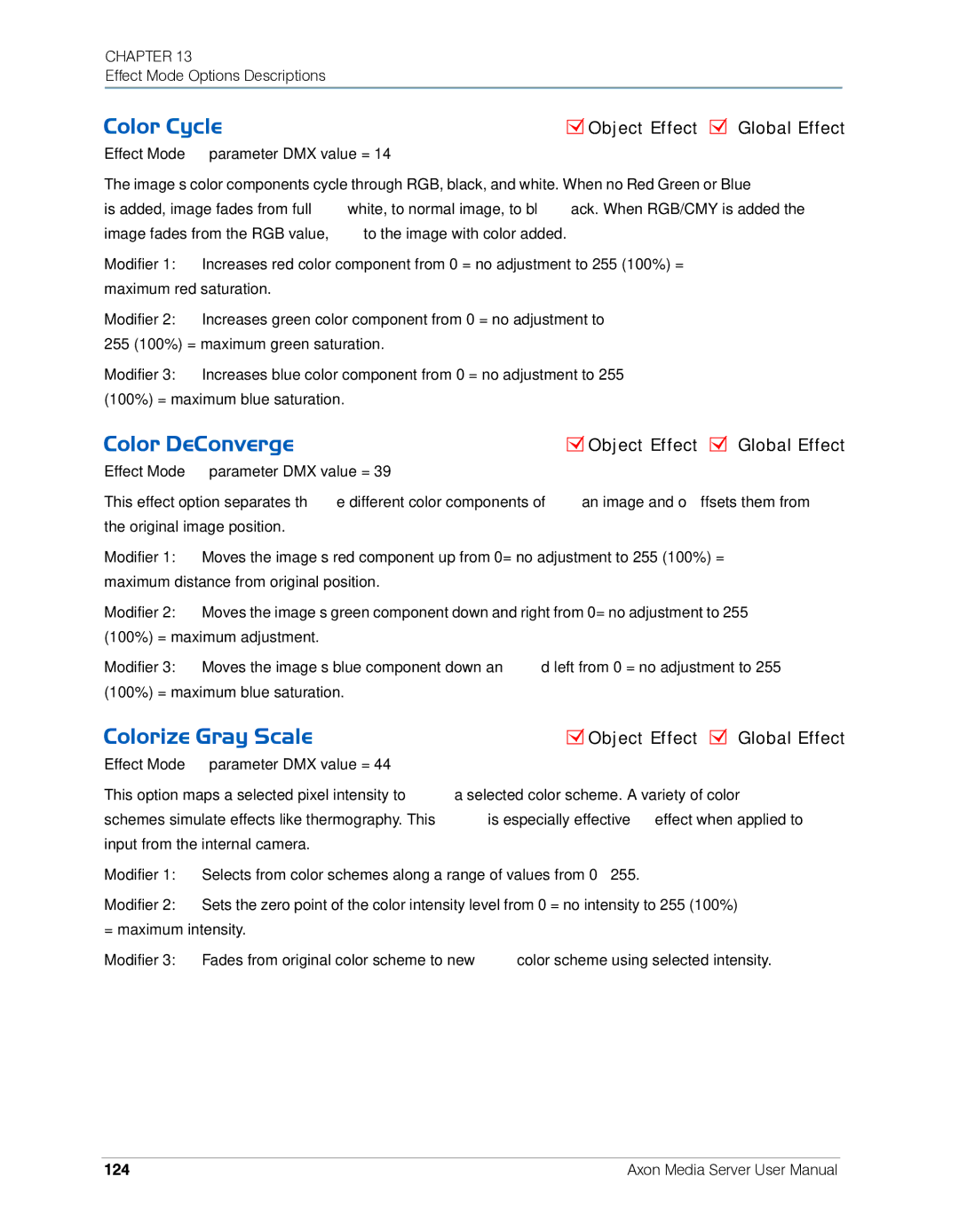 High End Systems AXON user manual Color Cycle, Color DeConverge, Colorize Gray Scale, 124 