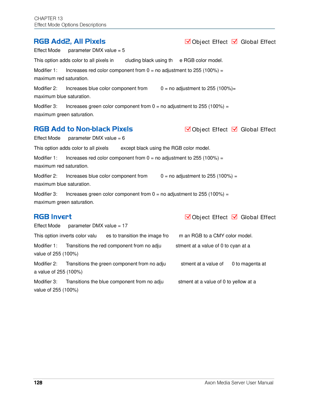 High End Systems AXON user manual RGB Add2, All Pixels, RGB Add to Non-black Pixels, RGB Invert, 128 