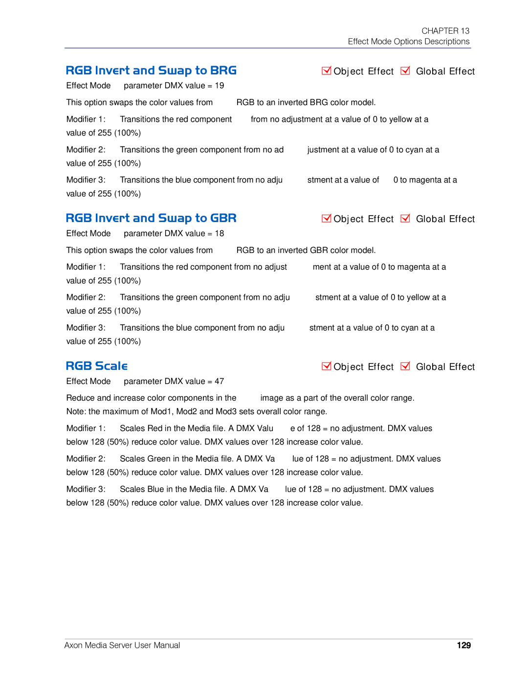 High End Systems AXON user manual RGB Invert and Swap to BRG, RGB Invert and Swap to GBR, RGB Scale, 129 