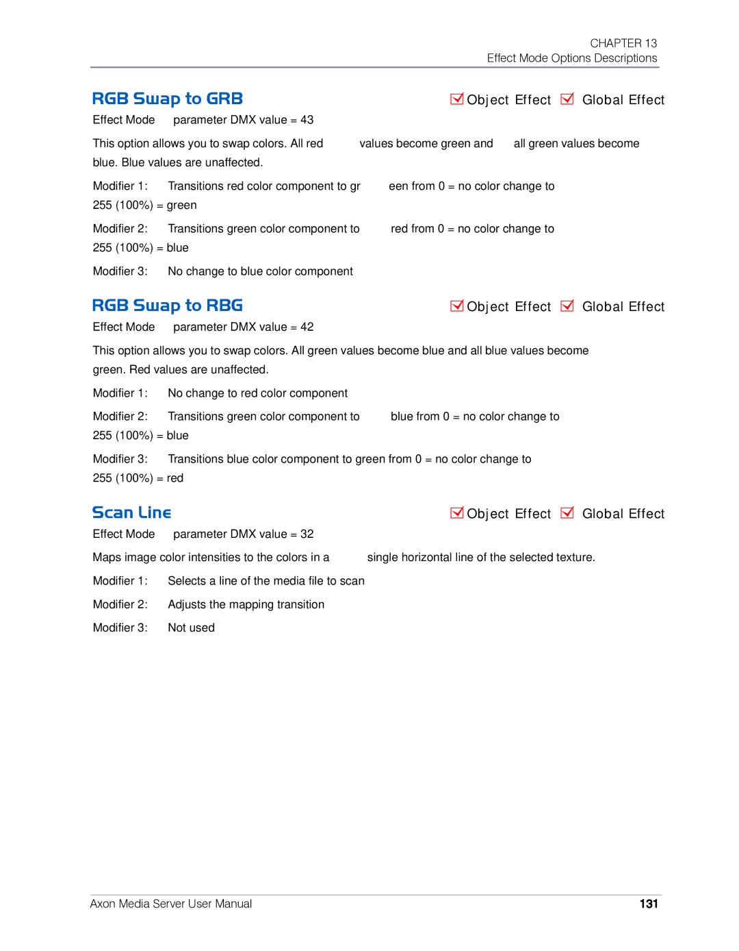 High End Systems AXON user manual RGB Swap to GRB, RGB Swap to RBG, Scan Line, 131 