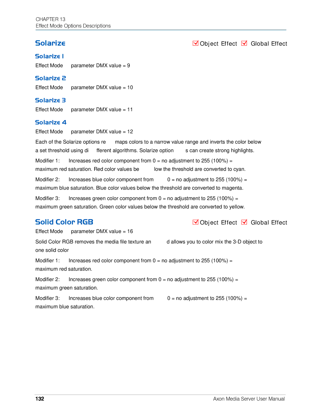 High End Systems AXON user manual Solarize, Solid Color RGB, 132 