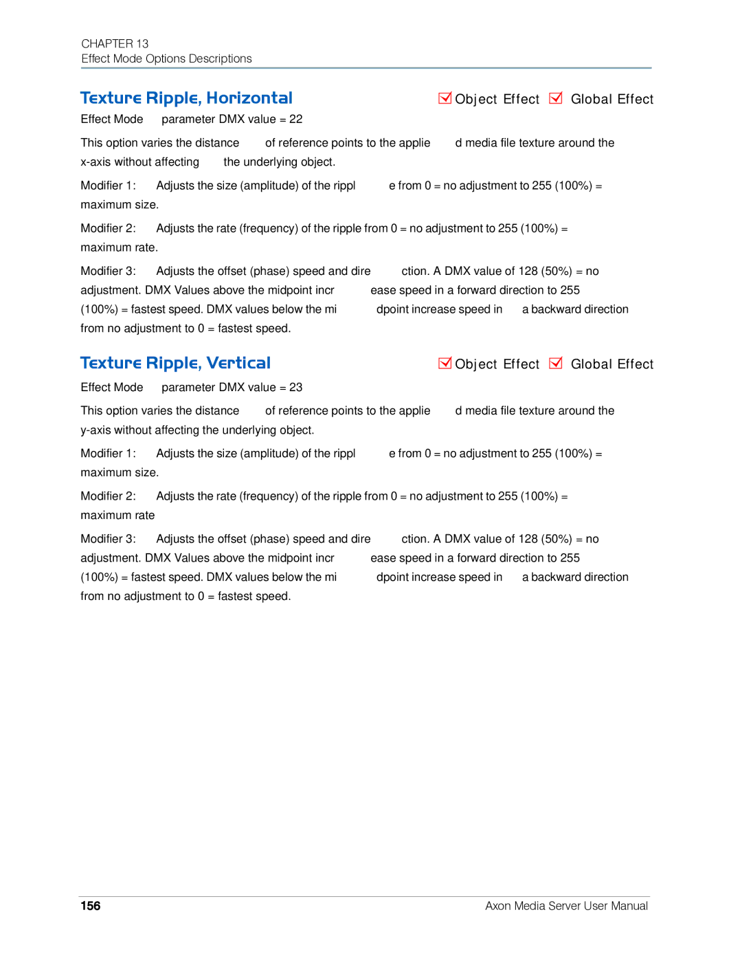 High End Systems AXON user manual Texture Ripple, Horizontal, Texture Ripple, Vertical, 156 