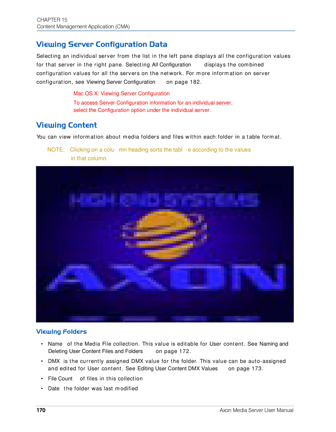 High End Systems AXON user manual Viewing Server Configuration Data, Viewing Content, Viewing Folders, 170 