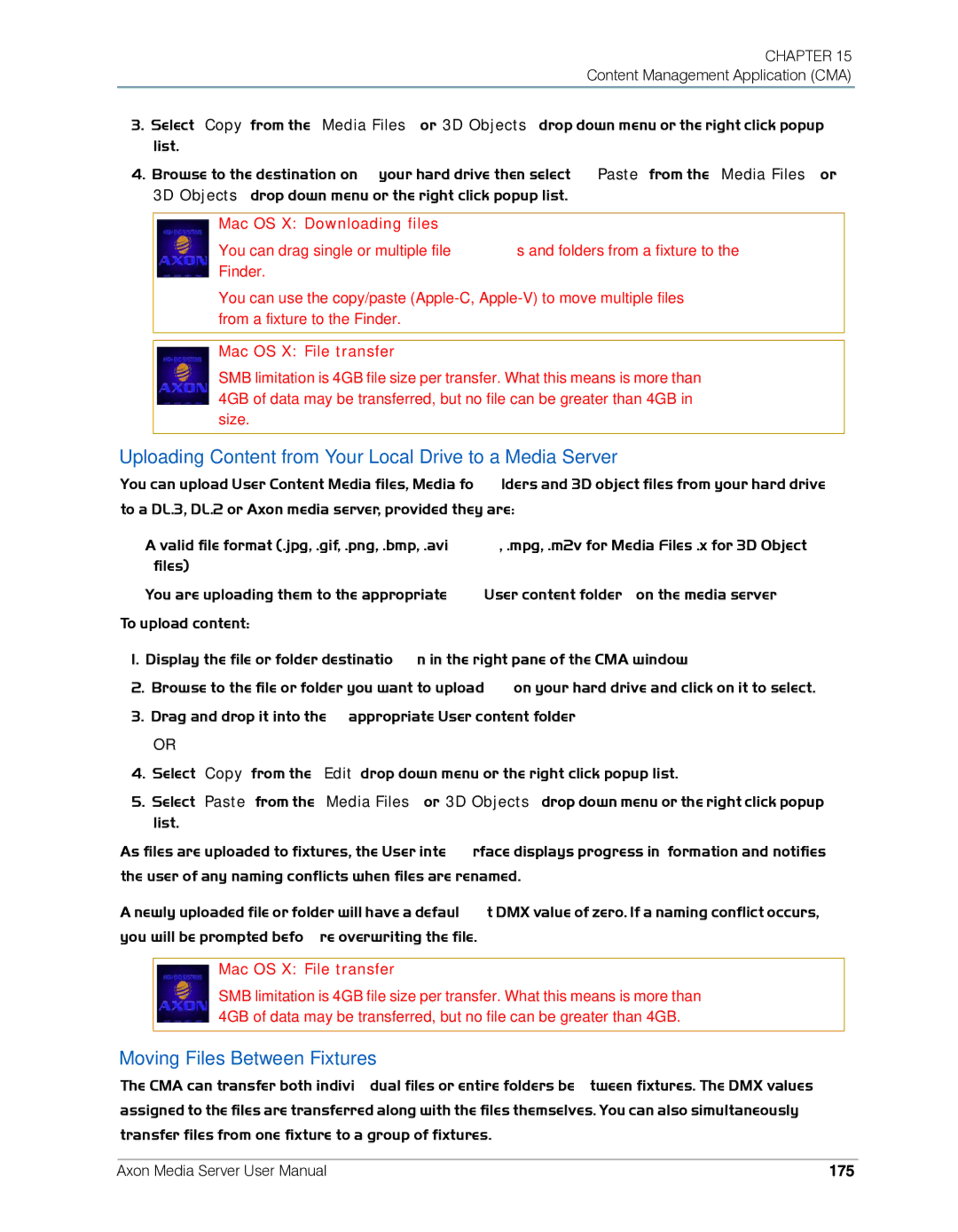 High End Systems AXON Uploading Content from Your Local Drive to a Media Server, Moving Files Between Fixtures, 175 