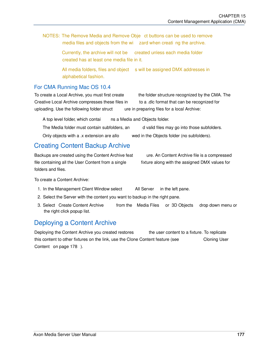 High End Systems AXON user manual Creating Content Backup Archive, Deploying a Content Archive, For CMA Running Mac OS, 177 