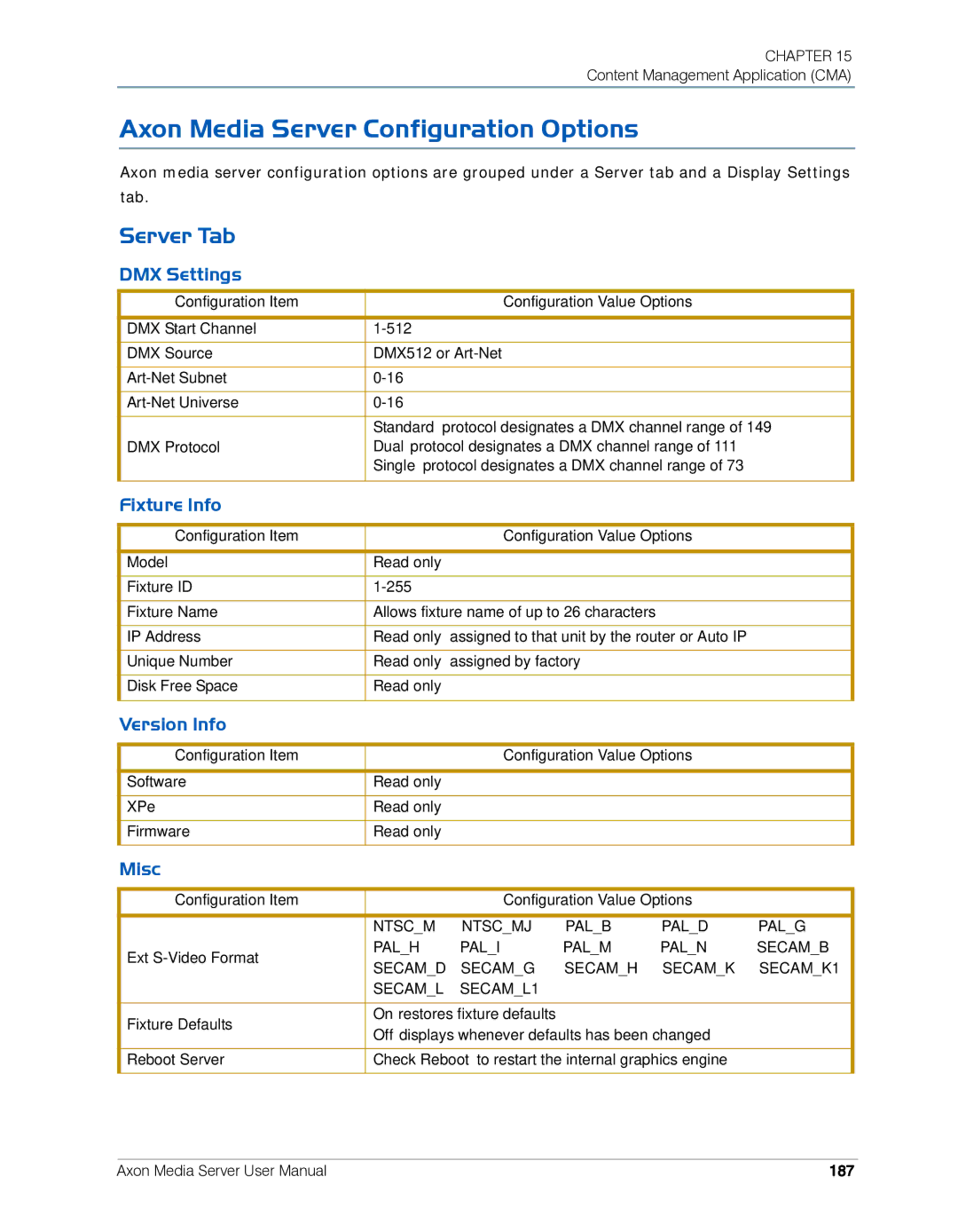 High End Systems AXON user manual Axon Media Server Configuration Options, Server Tab 