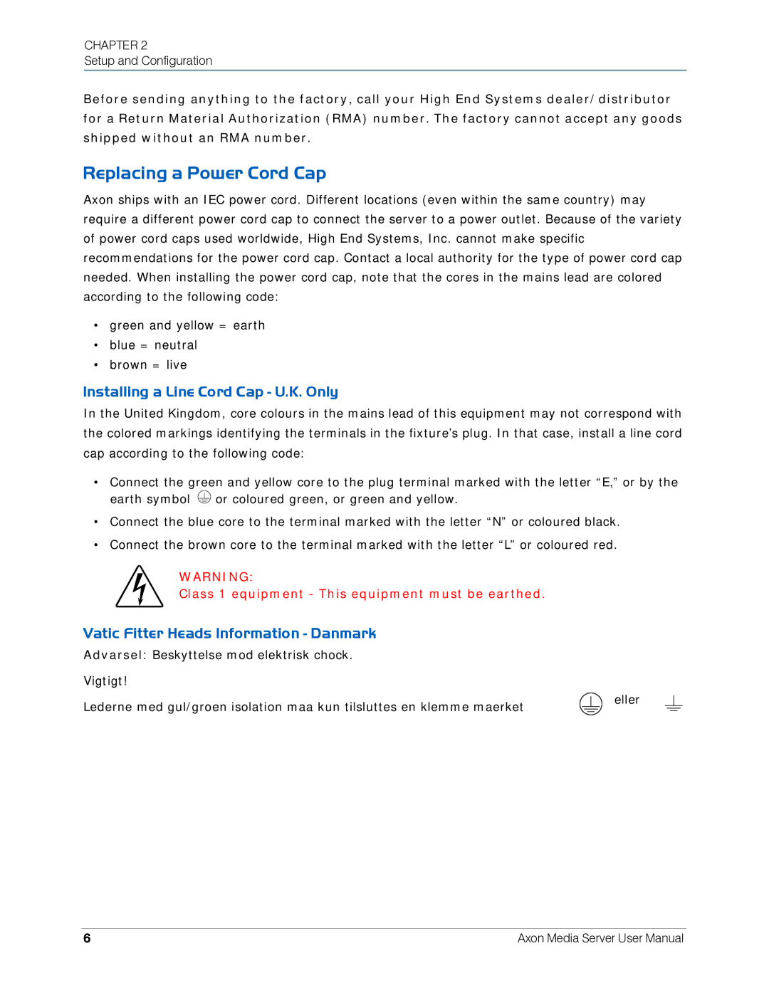 High End Systems AXON user manual Replacing a Power Cord Cap, Installing a Line Cord Cap U.K. Only 