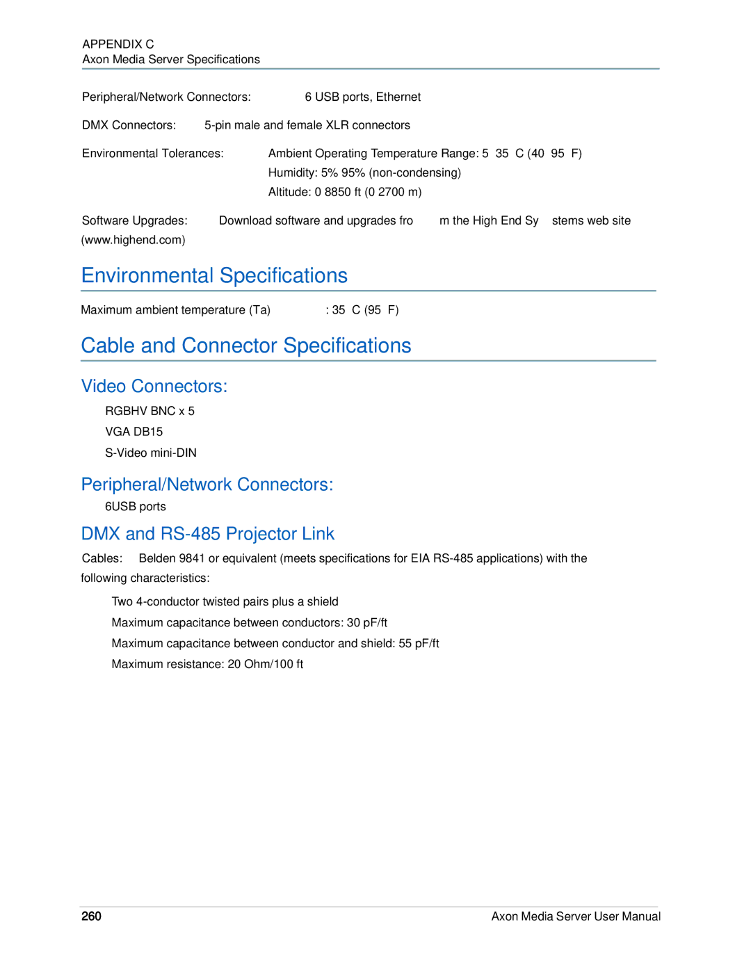 High End Systems AXON user manual Environmental Specifications, Cable and Connector Specifications, Video Connectors 