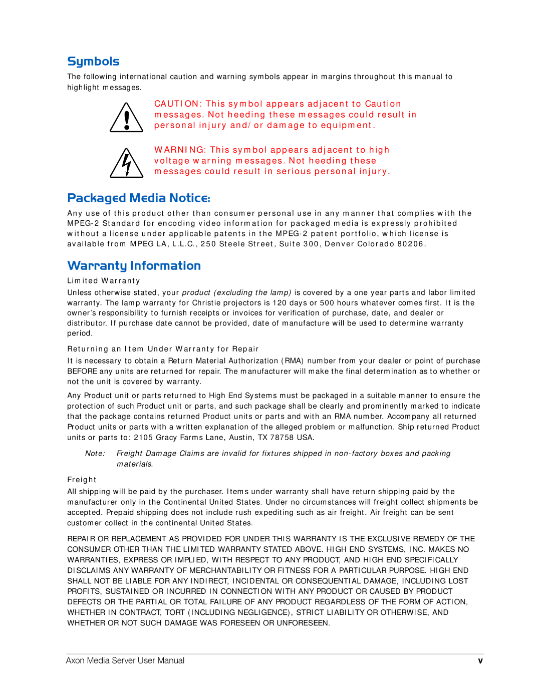 High End Systems AXON user manual Symbols, Packaged Media Notice, Warranty Information 