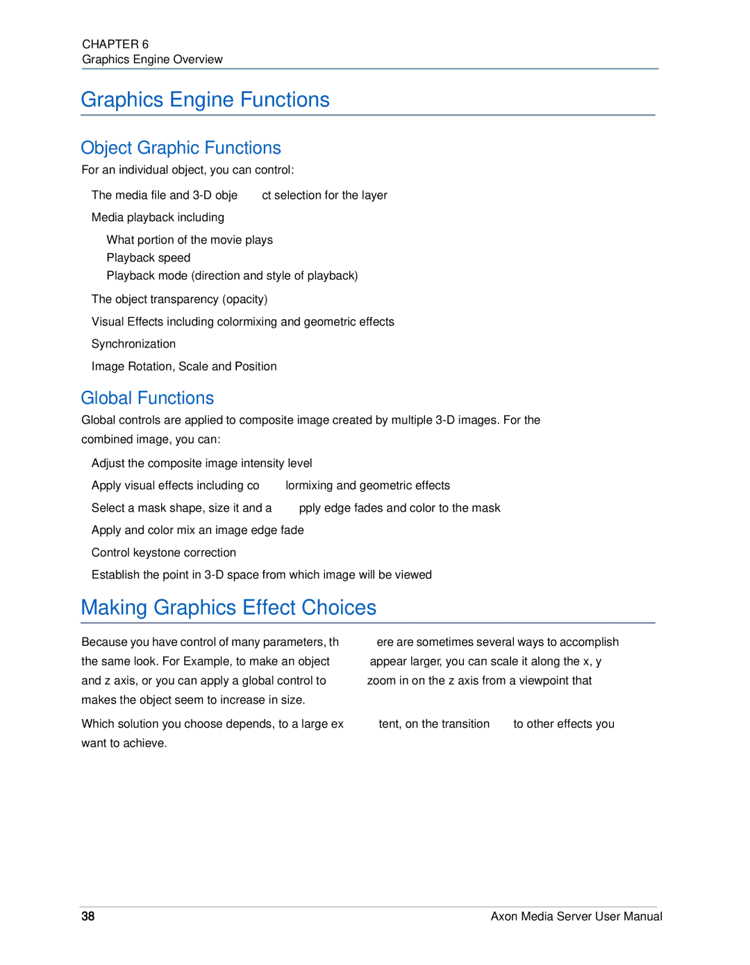 High End Systems AXON user manual Graphics Engine Functions, Making Graphics Effect Choices, Object Graphic Functions 