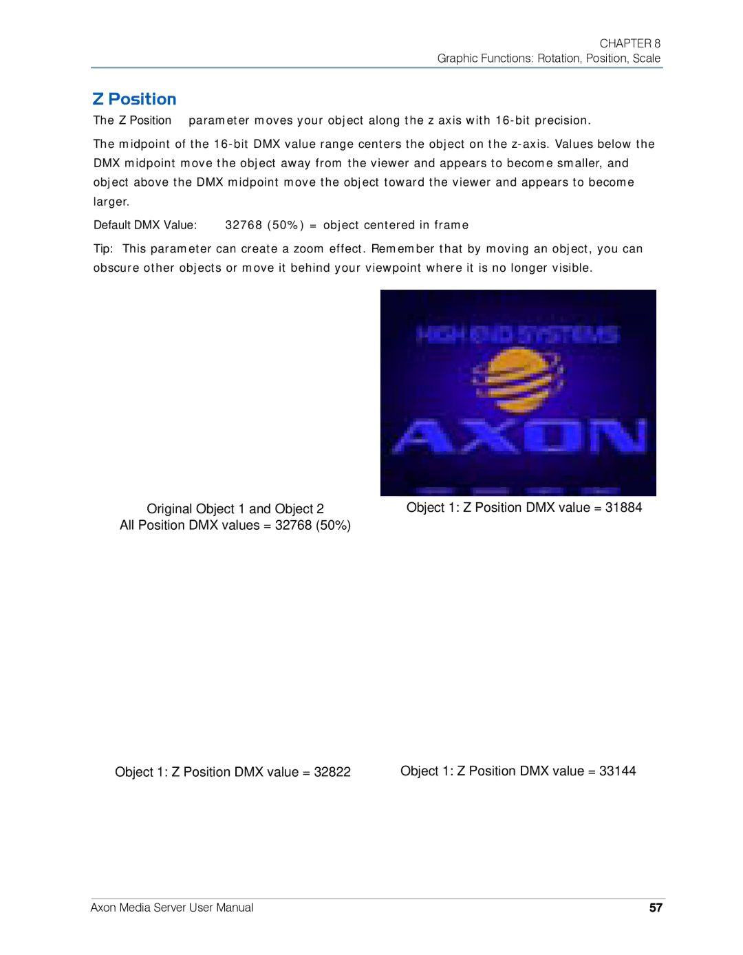 High End Systems AXON user manual Object 1 Z Position DMX value = 