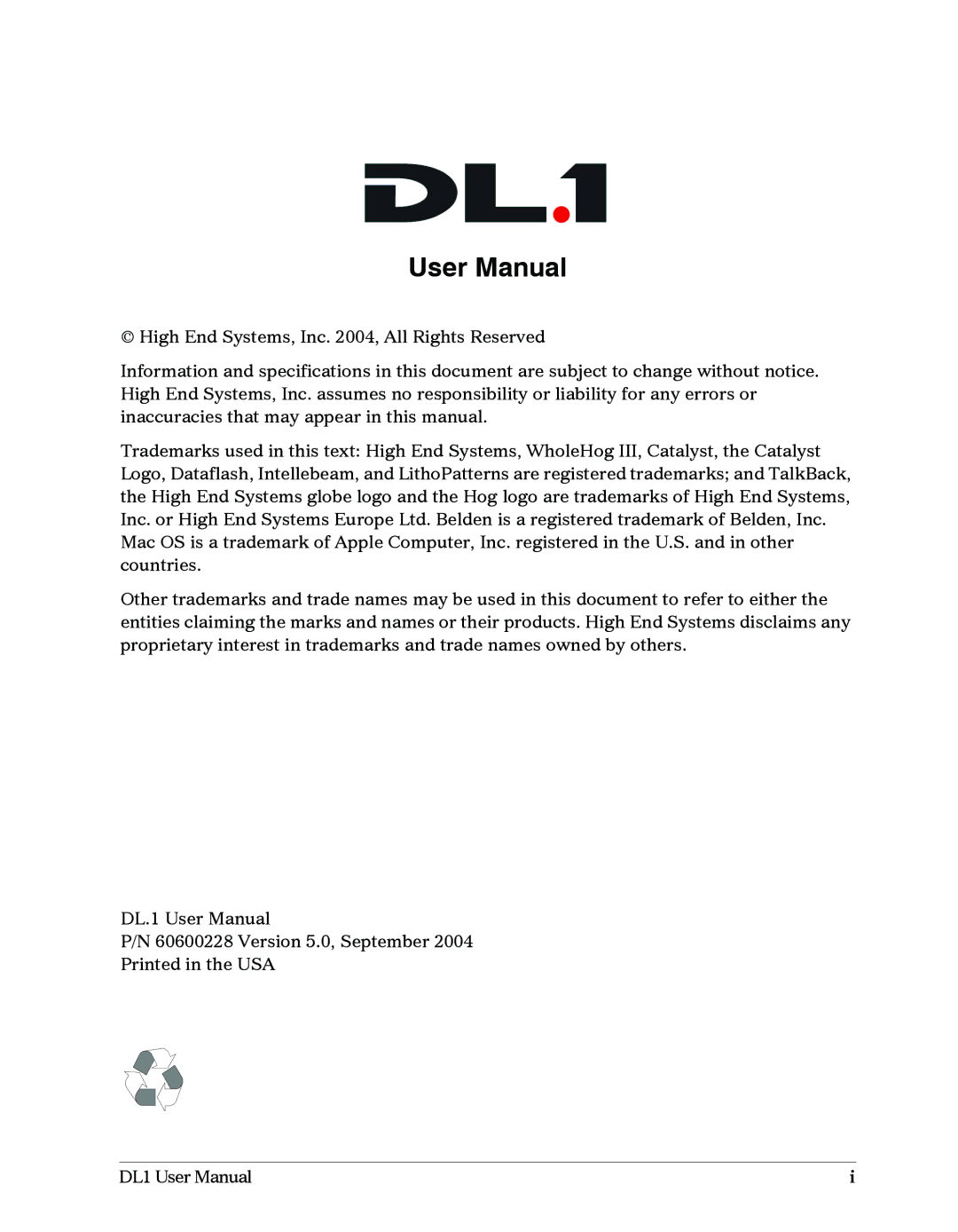 High End Systems DL1 user manual 