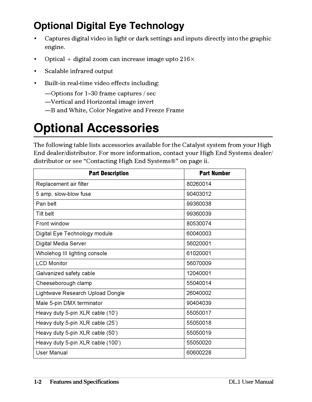 High End Systems DL1 user manual Optional Accessories, Optional Digital Eye Technology 