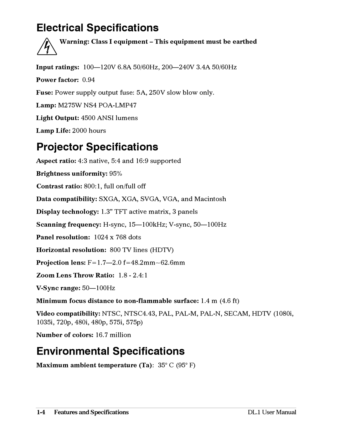 High End Systems DL1 user manual Electrical Specifications, Projector Specifications, Environmental Specifications 