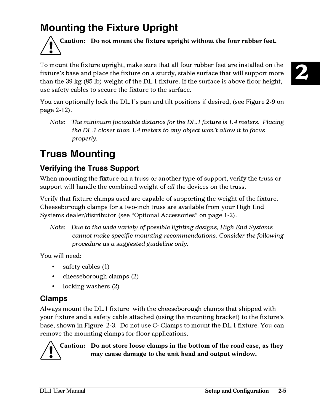 High End Systems DL1 user manual Mounting the Fixture Upright, Truss Mounting, Verifying the Truss Support, Clamps 