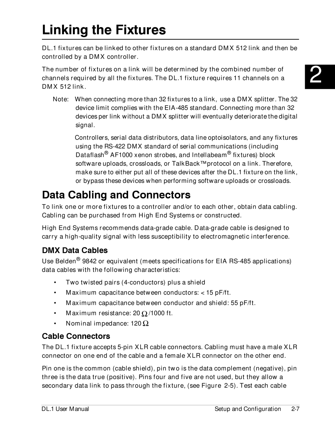 High End Systems DL1 user manual Linking the Fixtures, Data Cabling and Connectors, DMX Data Cables, Cable Connectors 