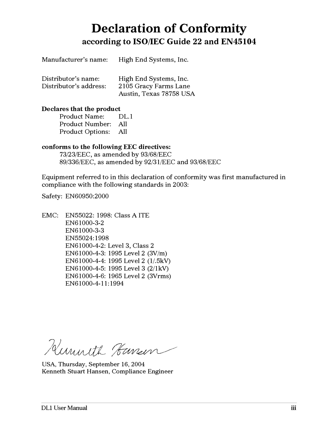 High End Systems DL1 user manual Declaration of Conformity 