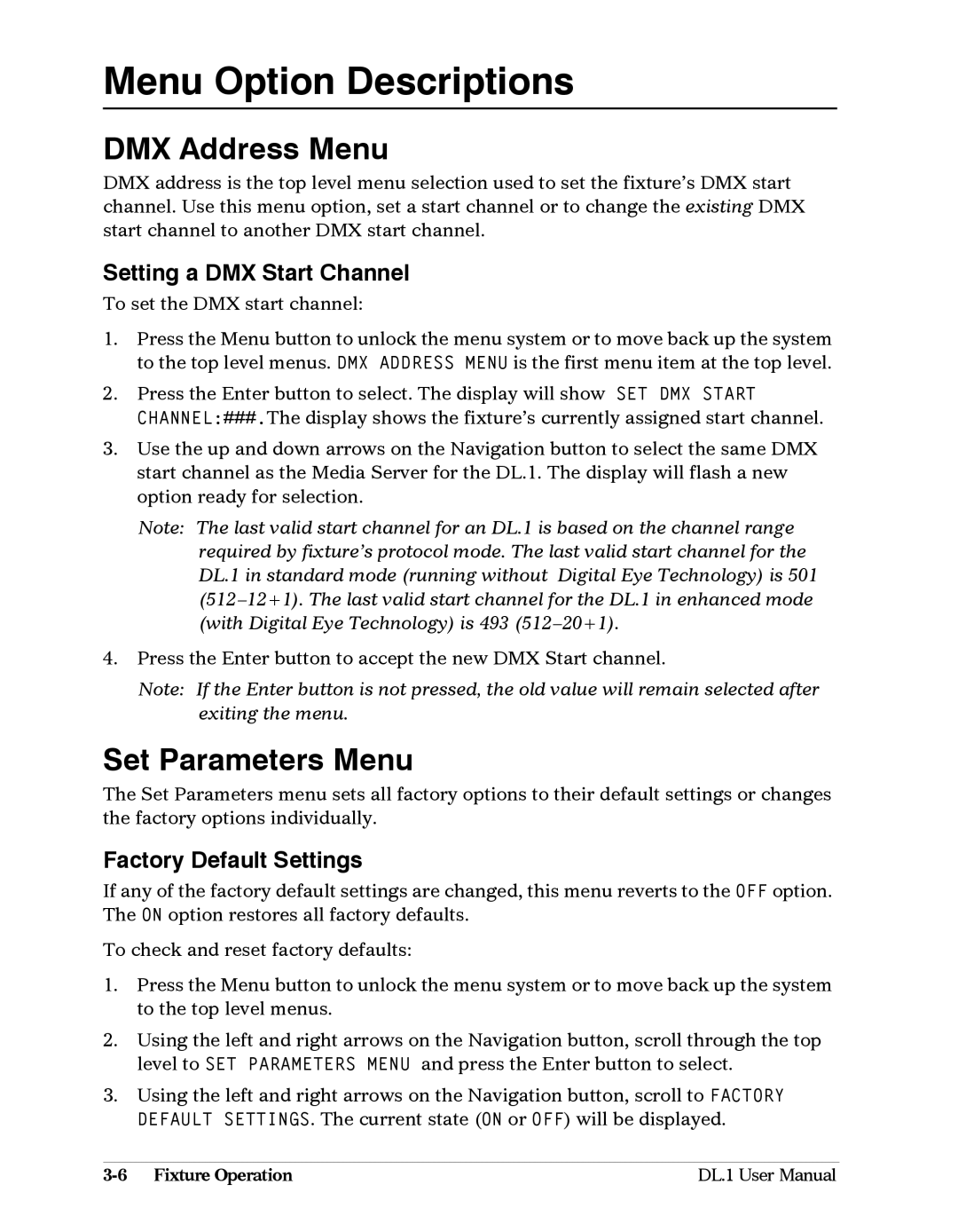 High End Systems DL1 Menu Option Descriptions, DMX Address Menu, Set Parameters Menu, Setting a DMX Start Channel 