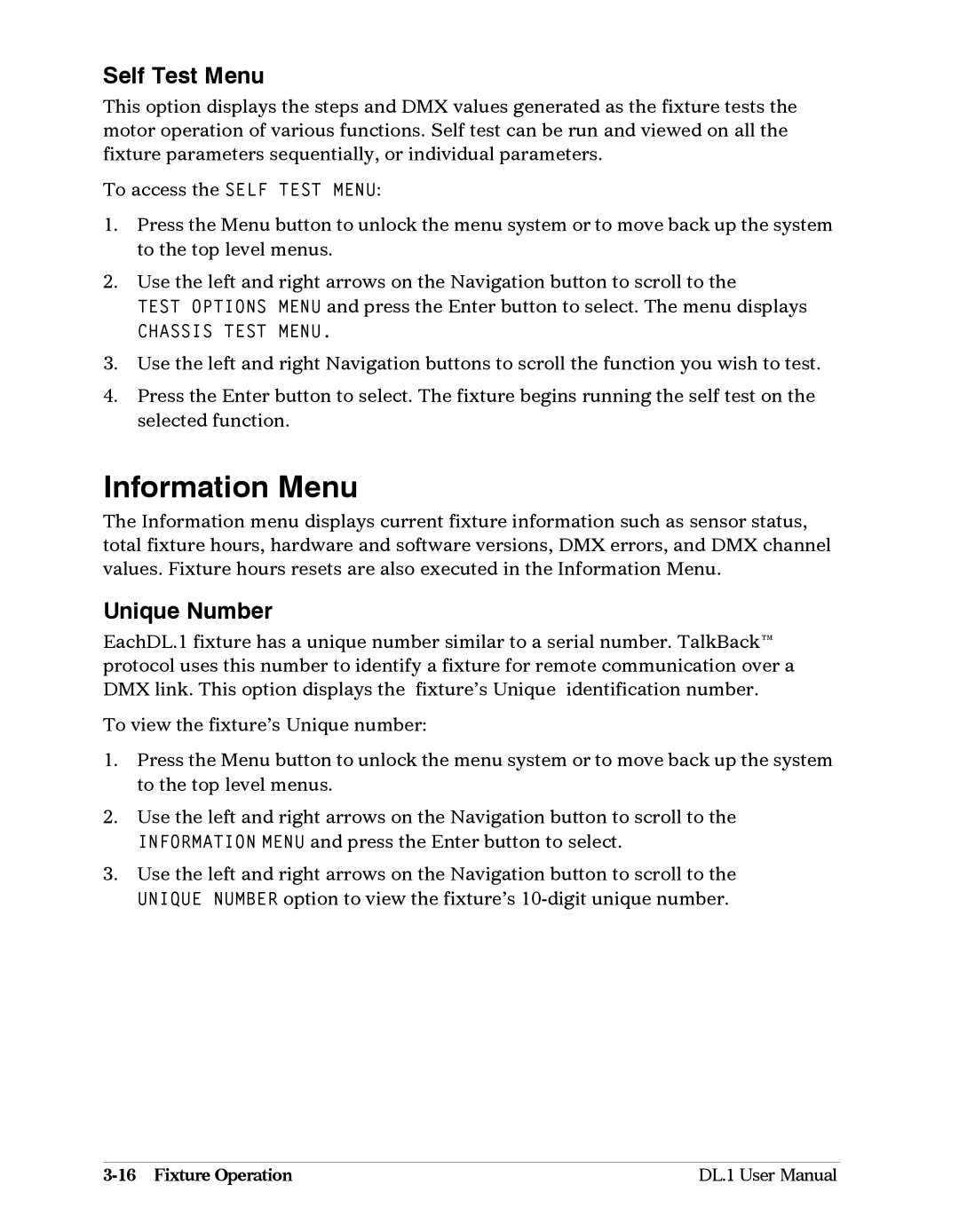 High End Systems DL1 user manual Information Menu, Self Test Menu, Unique Number 