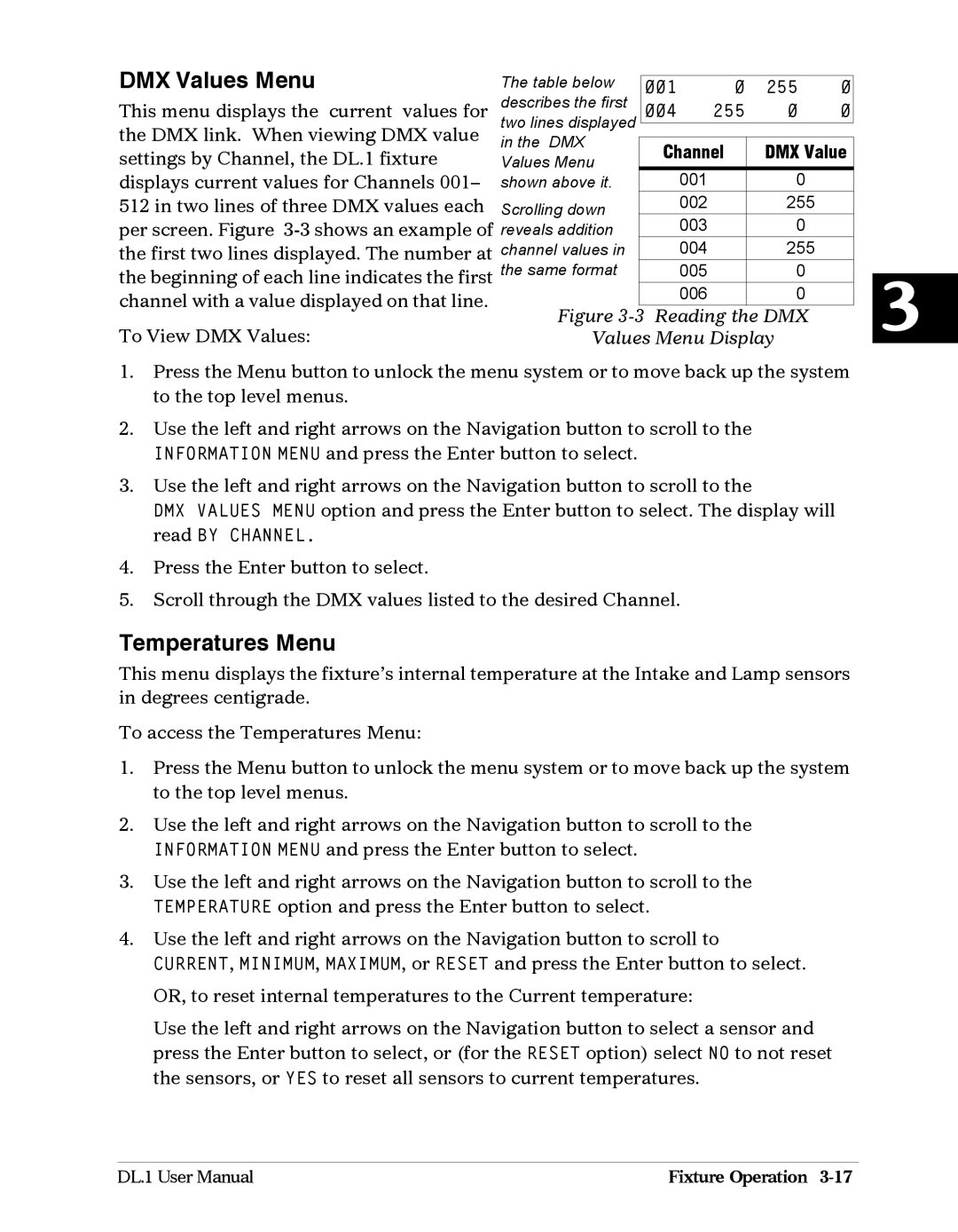 High End Systems DL1 user manual DMX Values Menu, Temperatures Menu 