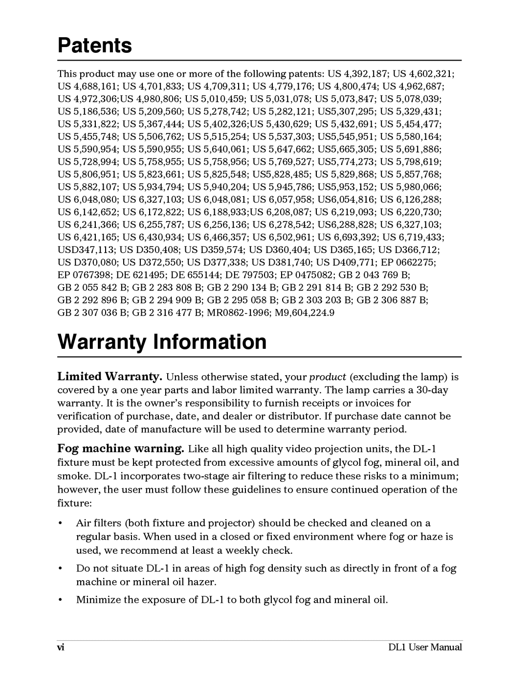 High End Systems DL1 user manual Patents, Warranty Information 