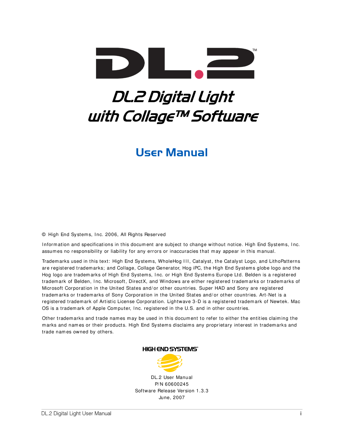 High End Systems user manual DL.2 Digital Light With Collage Software 