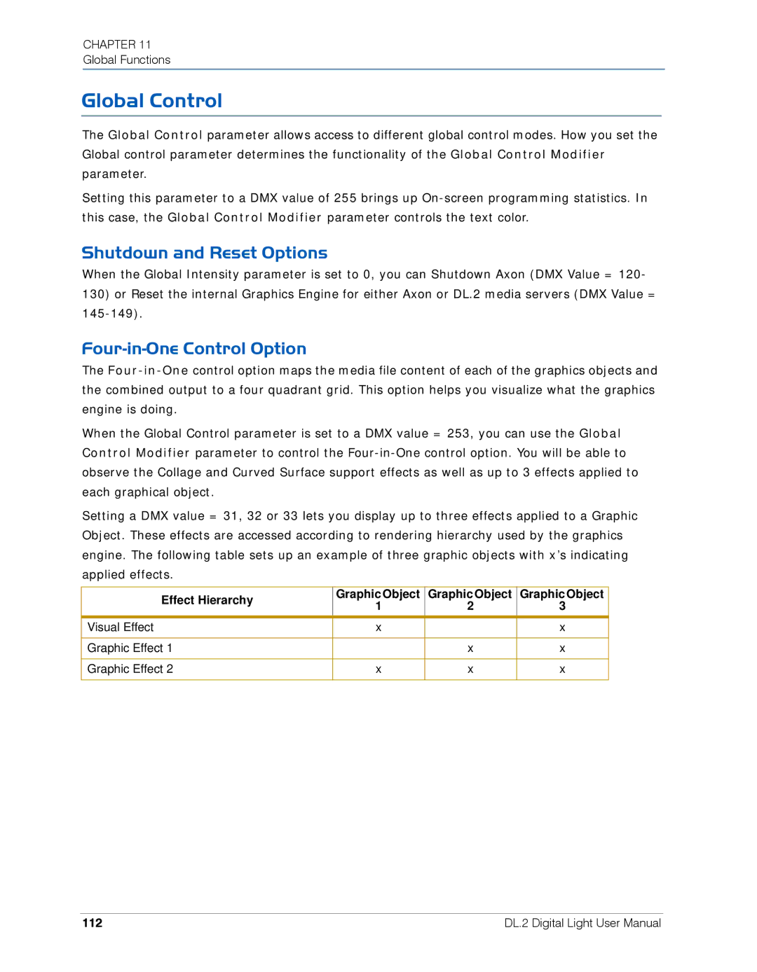 High End Systems DL.2 Global Control, Shutdown and Reset Options, Four-in-One Control Option, Effect Hierarchy, 112 