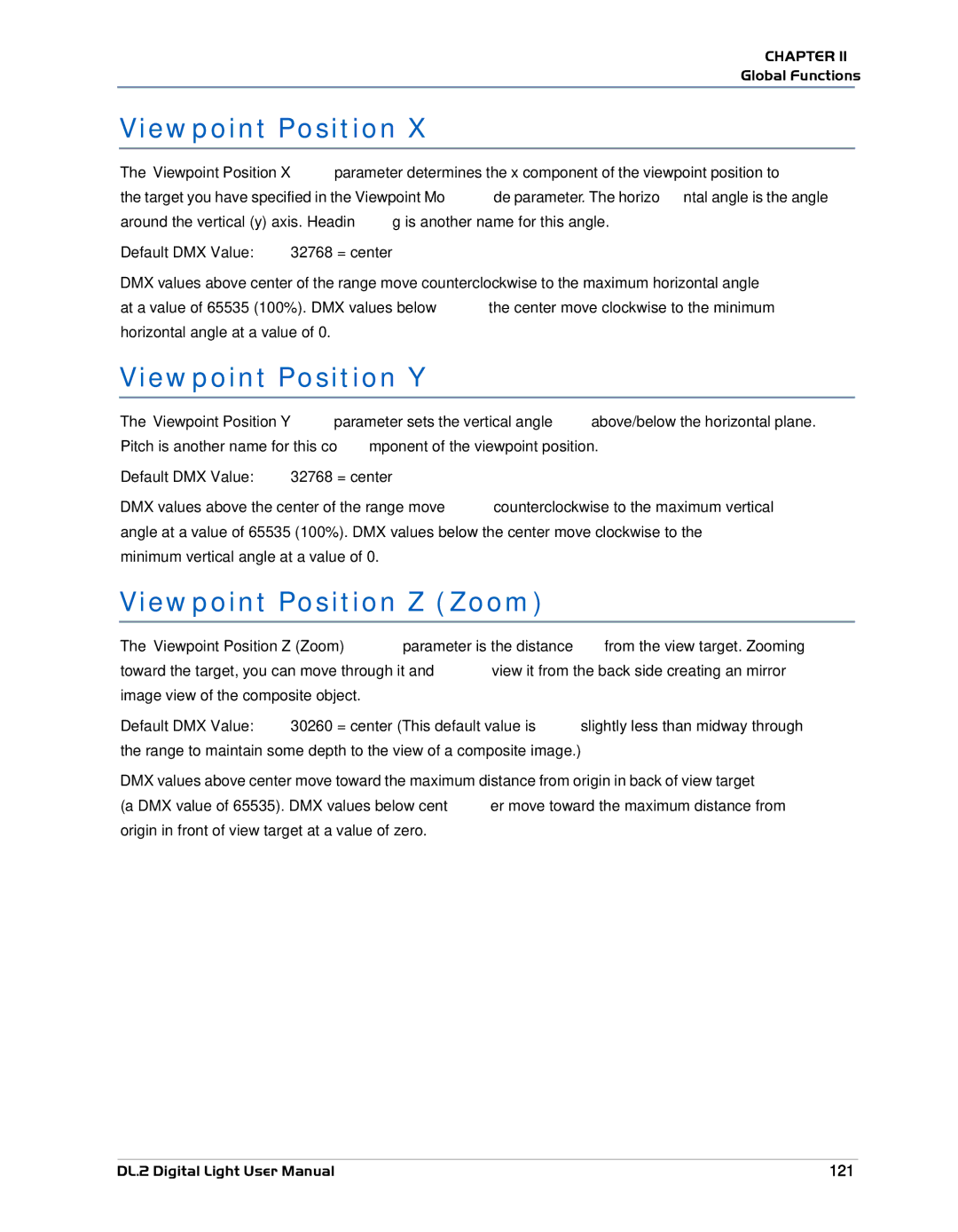 High End Systems DL.2 user manual Viewpoint Position Y, Viewpoint Position Z Zoom, 121 