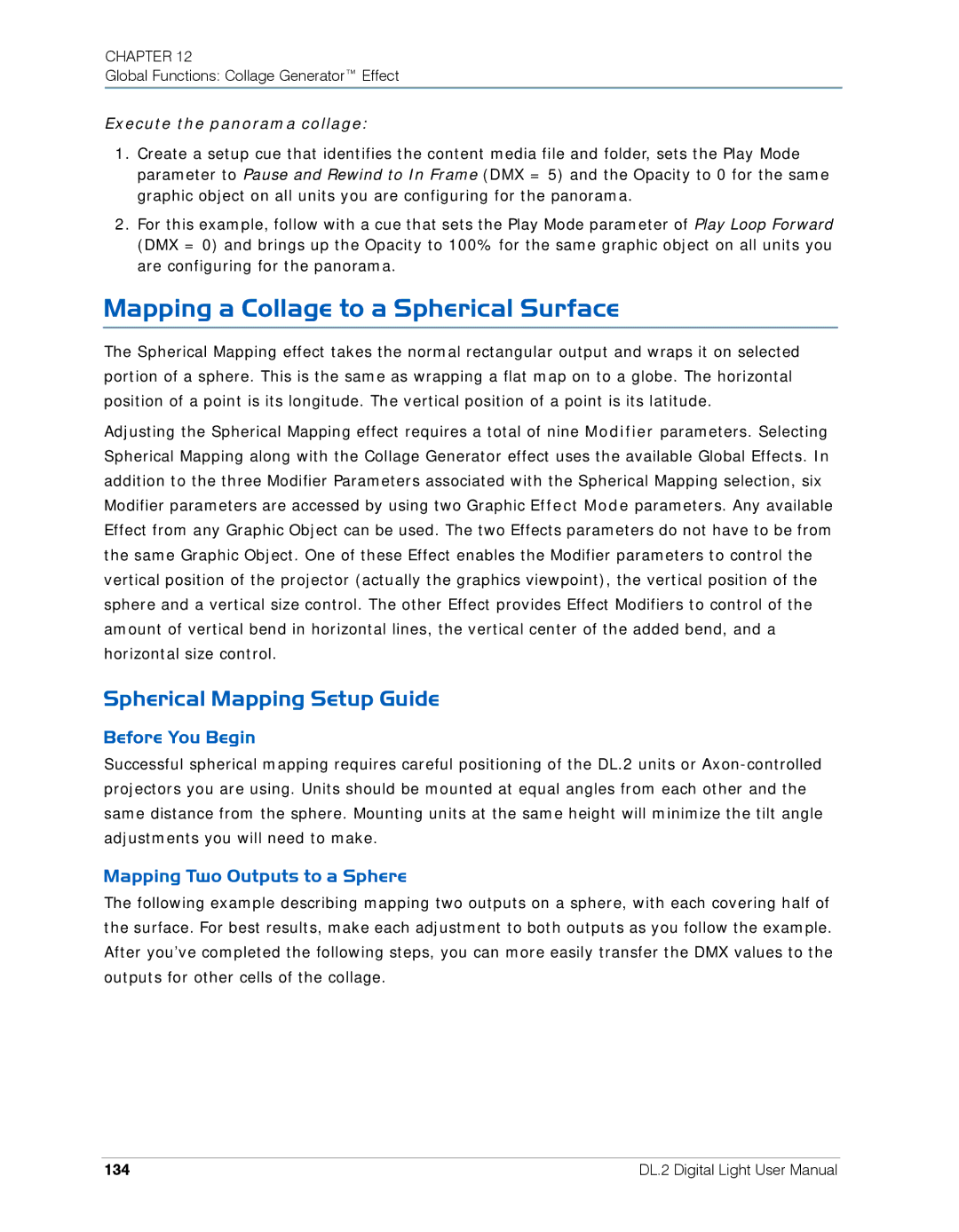 High End Systems DL.2 Mapping a Collage to a Spherical Surface, Spherical Mapping Setup Guide, Before You Begin, 134 