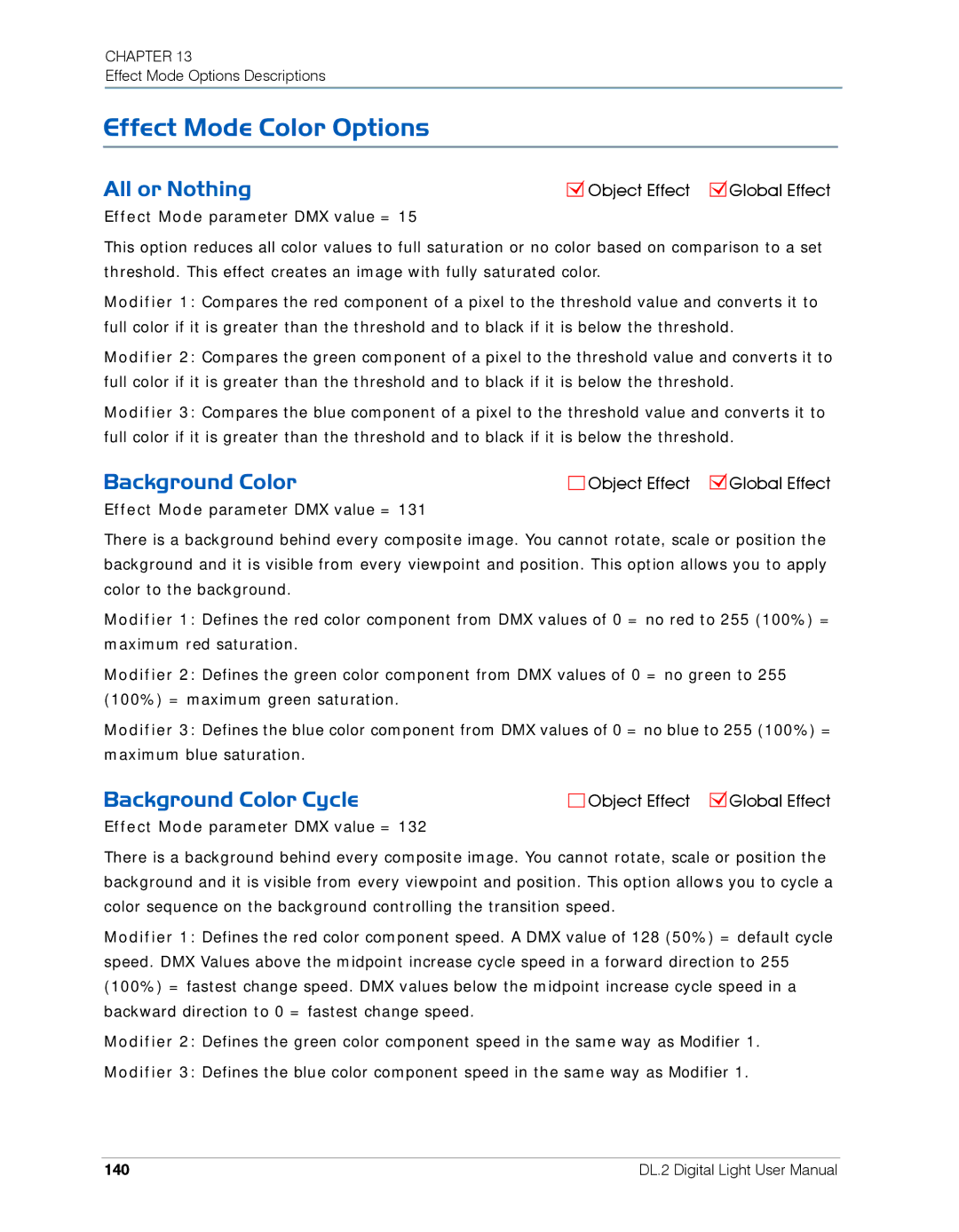 High End Systems DL.2 user manual Effect Mode Color Options, All or Nothing, Background Color Cycle, 140 
