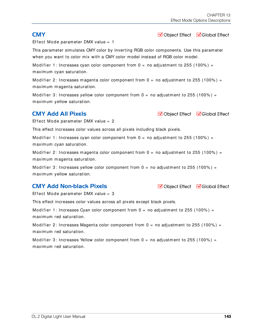 High End Systems DL.2 user manual CMY Add All Pixels, CMY Add Non-black Pixels, 143 