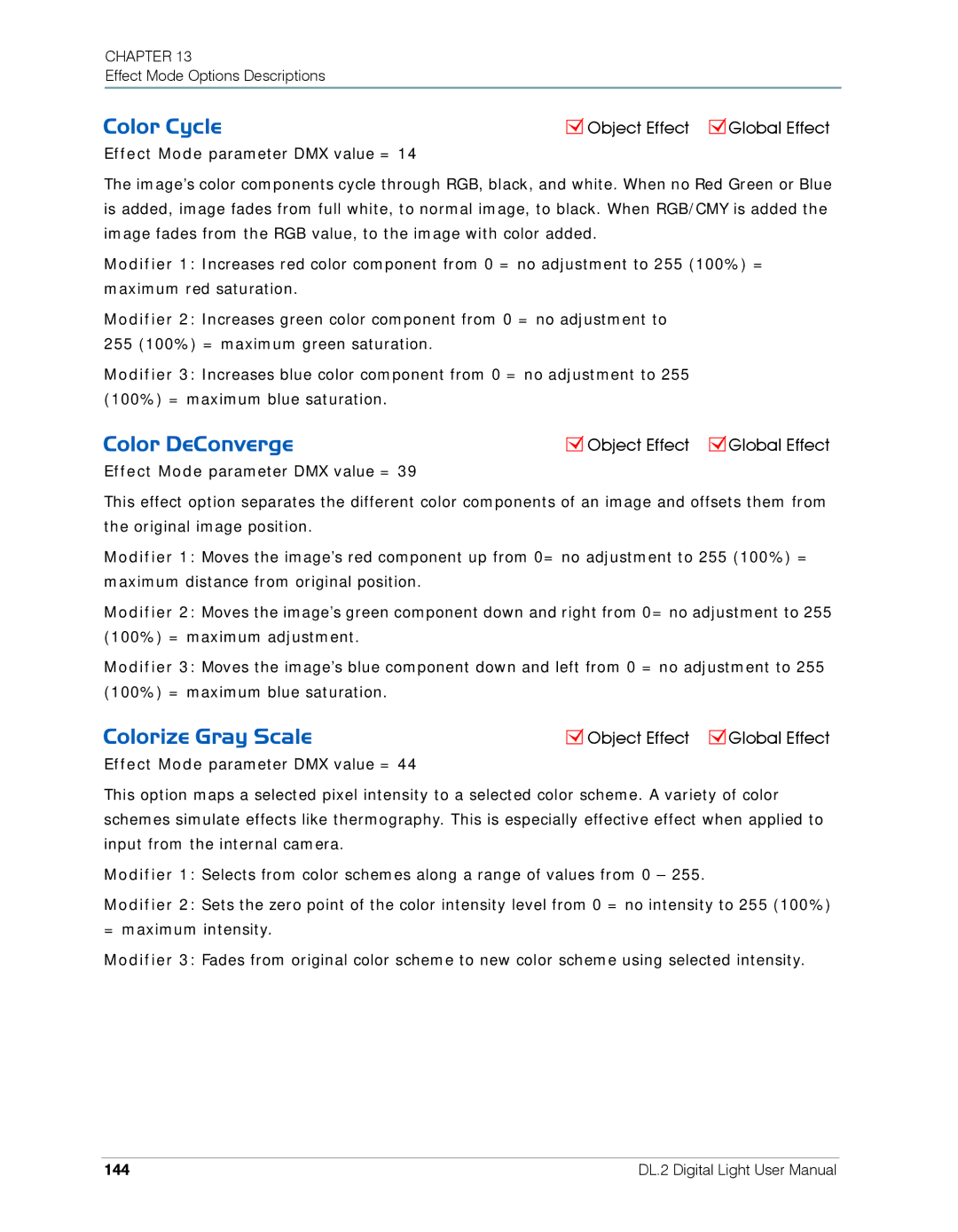High End Systems DL.2 user manual Color Cycle, Color DeConverge, Colorize Gray Scale, 144 