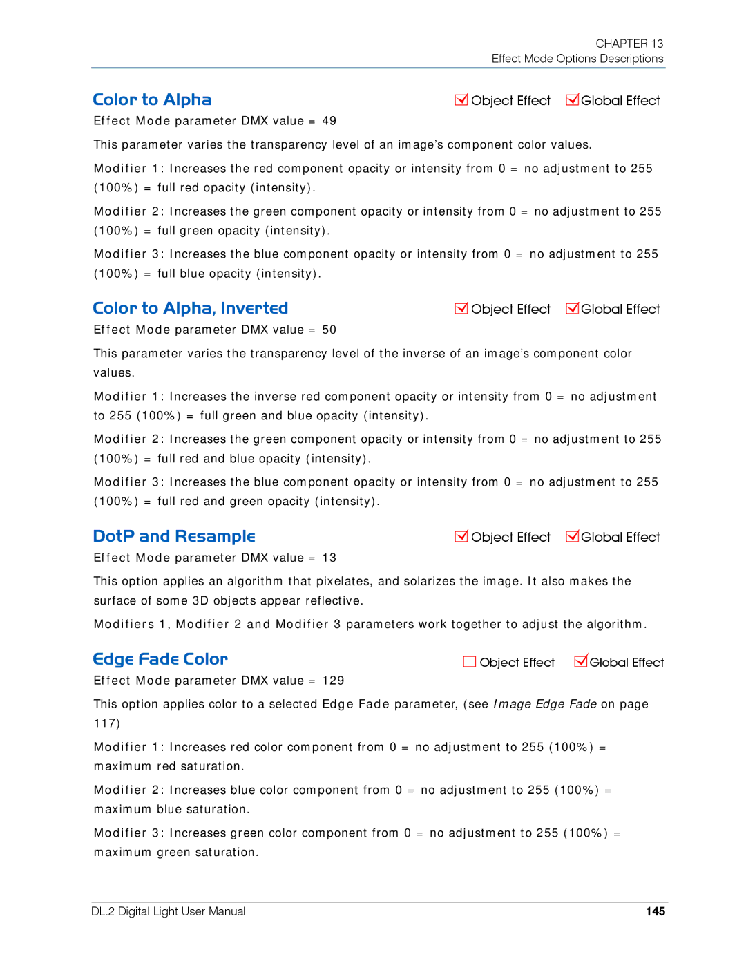 High End Systems DL.2 user manual Color to Alpha, Inverted, DotP and Resample, Edge Fade Color, 145 