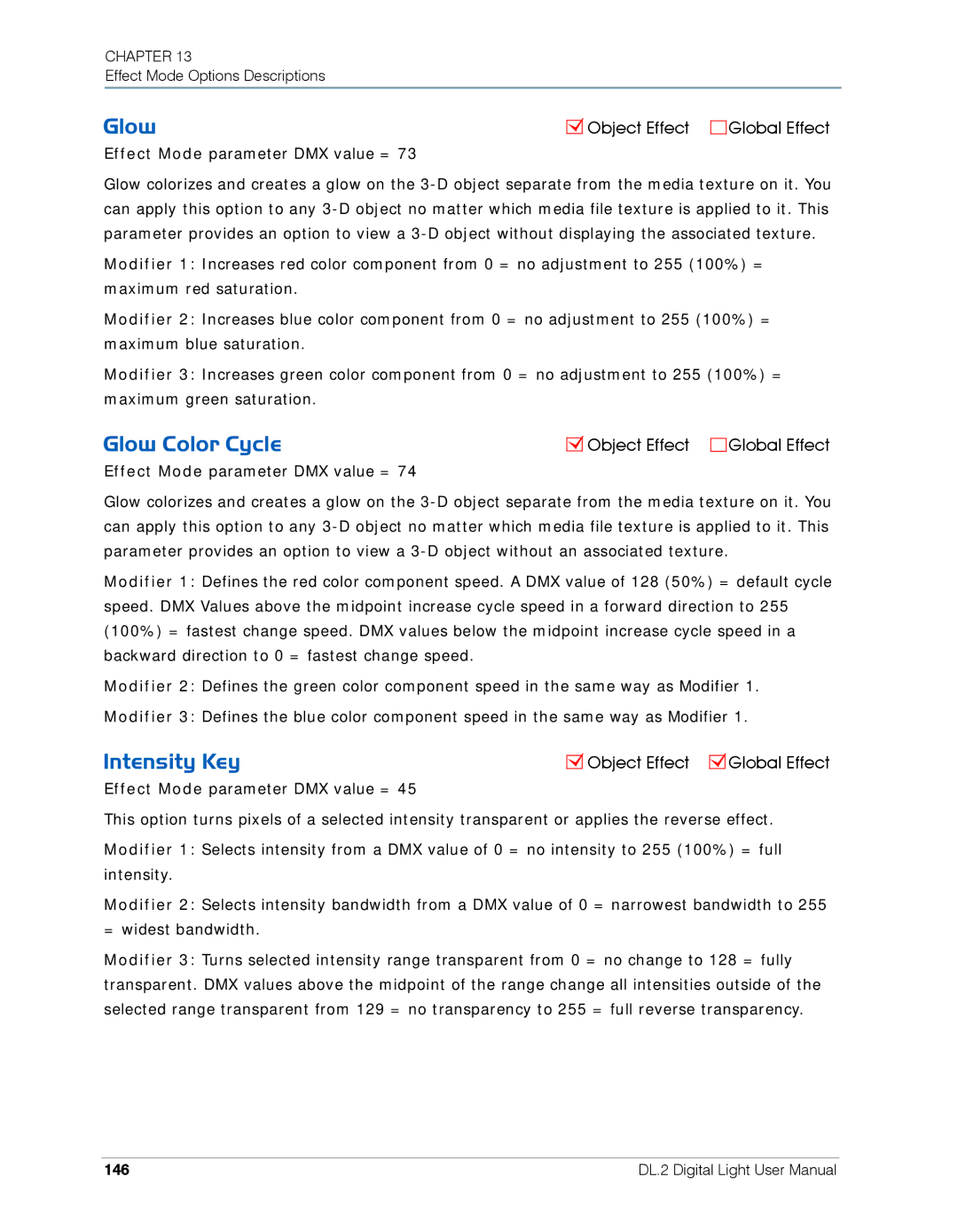 High End Systems DL.2 user manual Glow Color Cycle, Intensity Key, 146 