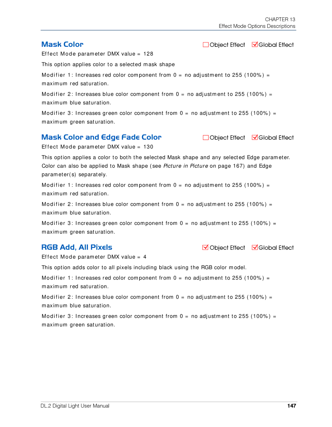 High End Systems DL.2 user manual Mask Color and Edge Fade Color, RGB Add, All Pixels, 147 