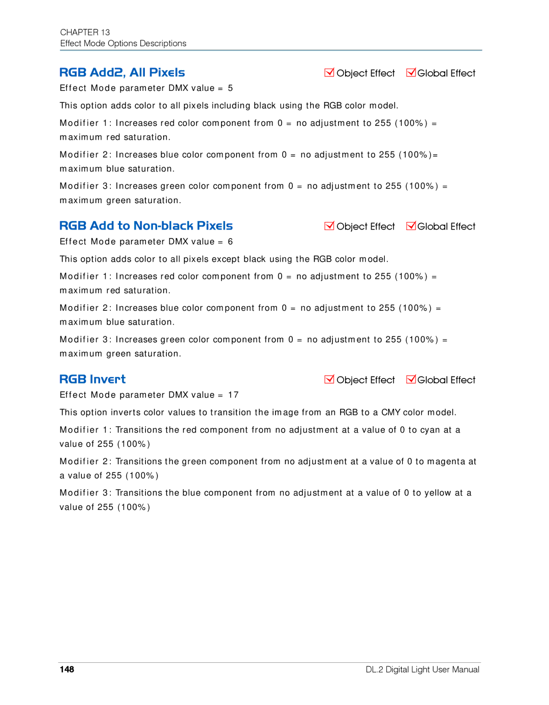 High End Systems DL.2 user manual RGB Add2, All Pixels, RGB Add to Non-black Pixels, RGB Invert, 148 