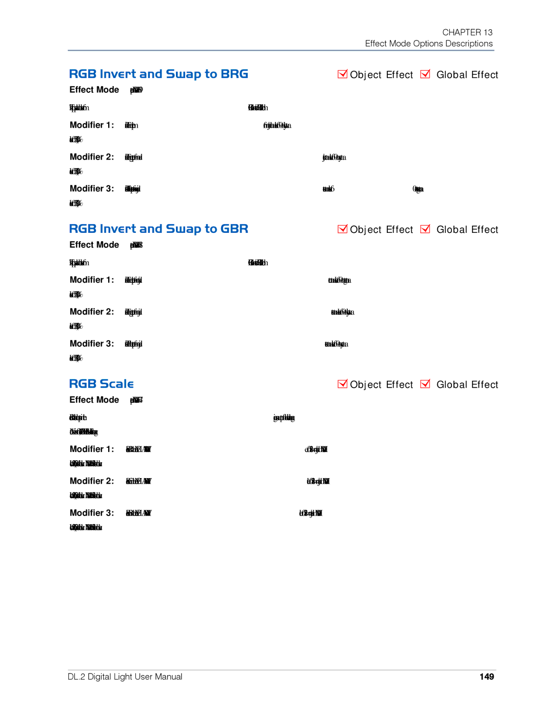 High End Systems DL.2 user manual RGB Invert and Swap to BRG, RGB Invert and Swap to GBR, RGB Scale, 149 