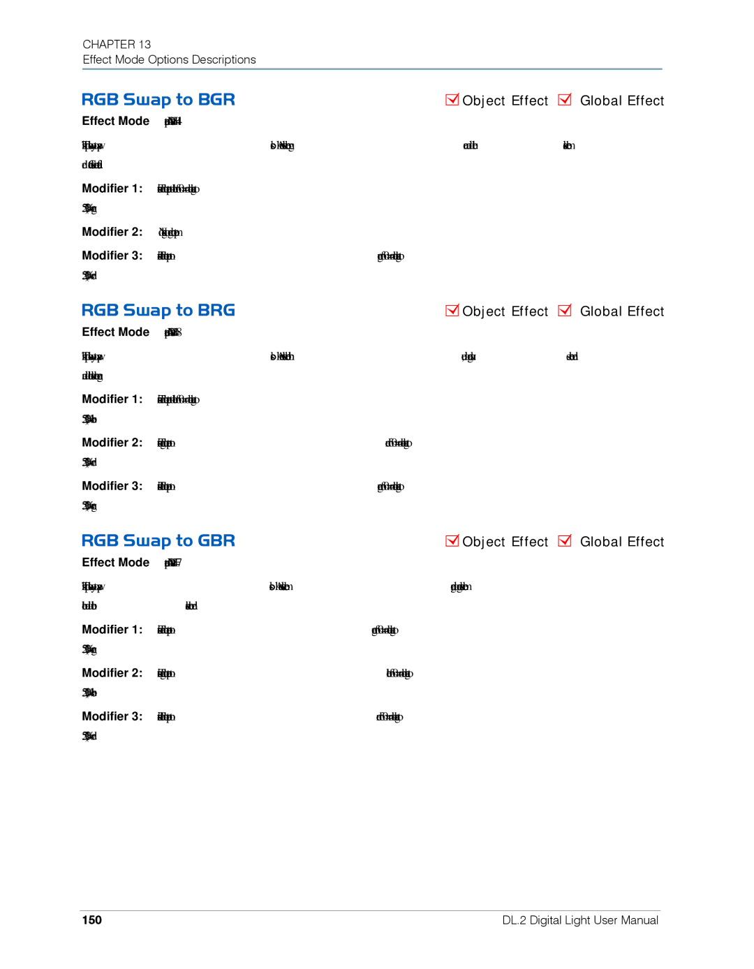 High End Systems DL.2 user manual RGB Swap to BGR, RGB Swap to BRG, RGB Swap to GBR, 150 