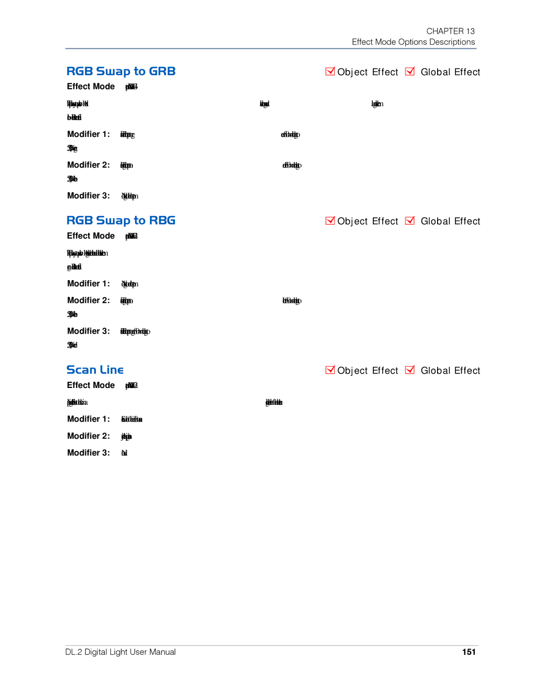 High End Systems DL.2 user manual RGB Swap to GRB, RGB Swap to RBG, Scan Line, 151 